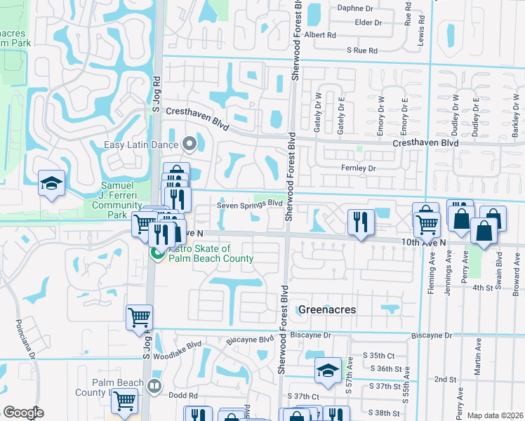 map of restaurants, bars, coffee shops, grocery stores, and more near 6013 10th Avenue North in Greenacres