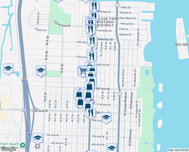 map of restaurants, bars, coffee shops, grocery stores, and more near 1402 North Dixie Highway in Lake Worth
