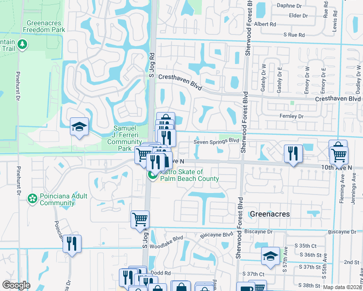 map of restaurants, bars, coffee shops, grocery stores, and more near 6352 Seven Springs Boulevard in Greenacres