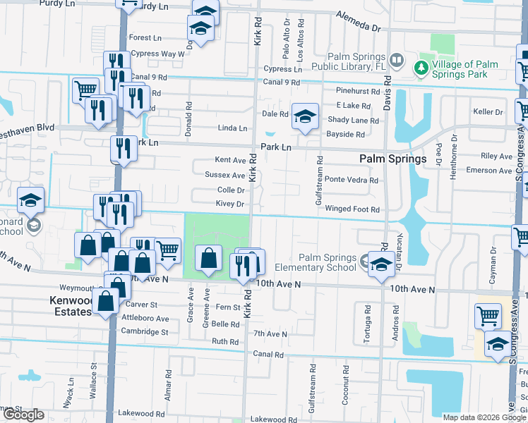 map of restaurants, bars, coffee shops, grocery stores, and more near 3022 Ford Road in Lake Worth