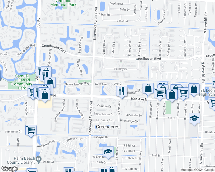 map of restaurants, bars, coffee shops, grocery stores, and more near 4406 Inlet Circle in Greenacres