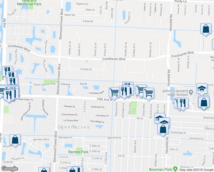 map of restaurants, bars, coffee shops, grocery stores, and more near 1405 Wharf Lane in Greenacres