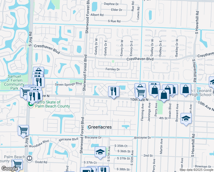 map of restaurants, bars, coffee shops, grocery stores, and more near 3904 Inlet Circle in Greenacres
