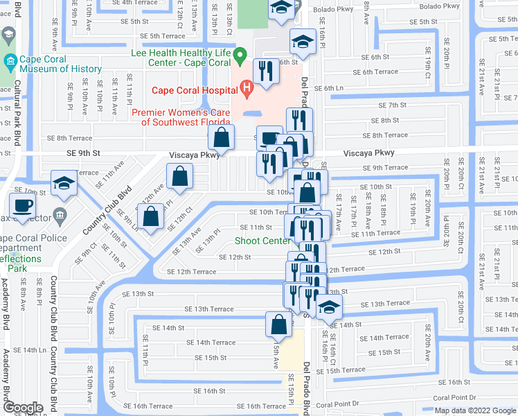 map of restaurants, bars, coffee shops, grocery stores, and more near 1423 Southeast 10th Terrace in Cape Coral