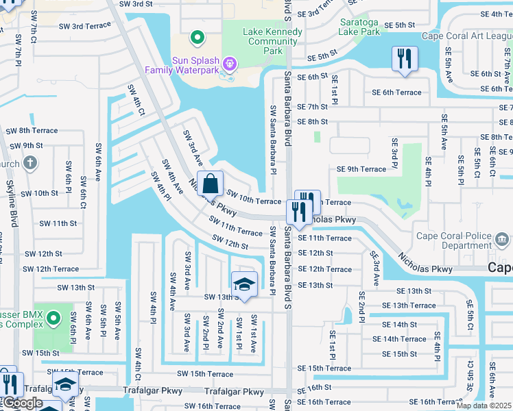 map of restaurants, bars, coffee shops, grocery stores, and more near 116 Nicholas Parkway West in Cape Coral