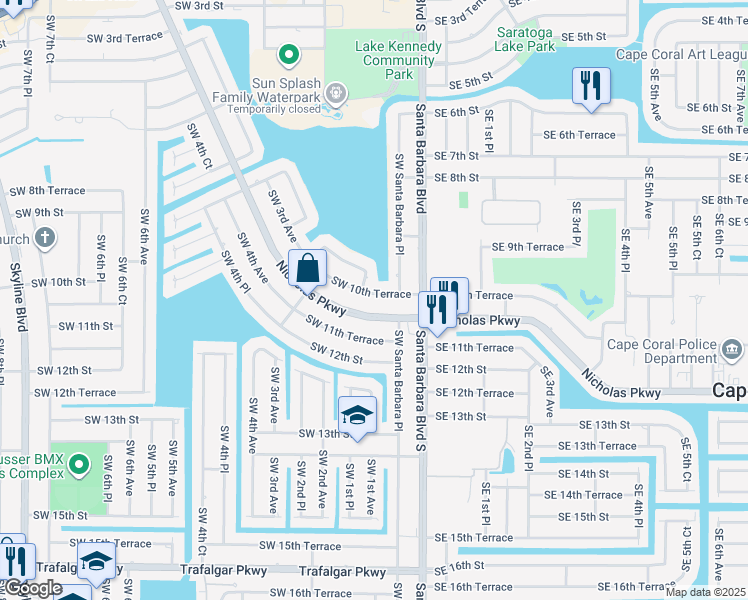 map of restaurants, bars, coffee shops, grocery stores, and more near 116 Nicholas Parkway West in Cape Coral