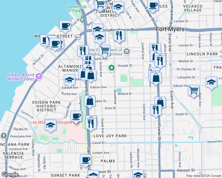 map of restaurants, bars, coffee shops, grocery stores, and more near 2176 Willard Street in Fort Myers
