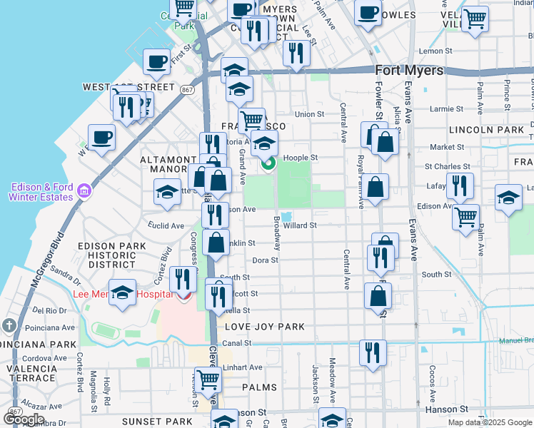 map of restaurants, bars, coffee shops, grocery stores, and more near 2176 Willard Street in Fort Myers