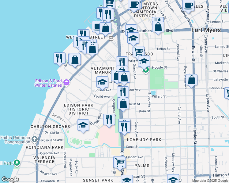 map of restaurants, bars, coffee shops, grocery stores, and more near in Fort Myers