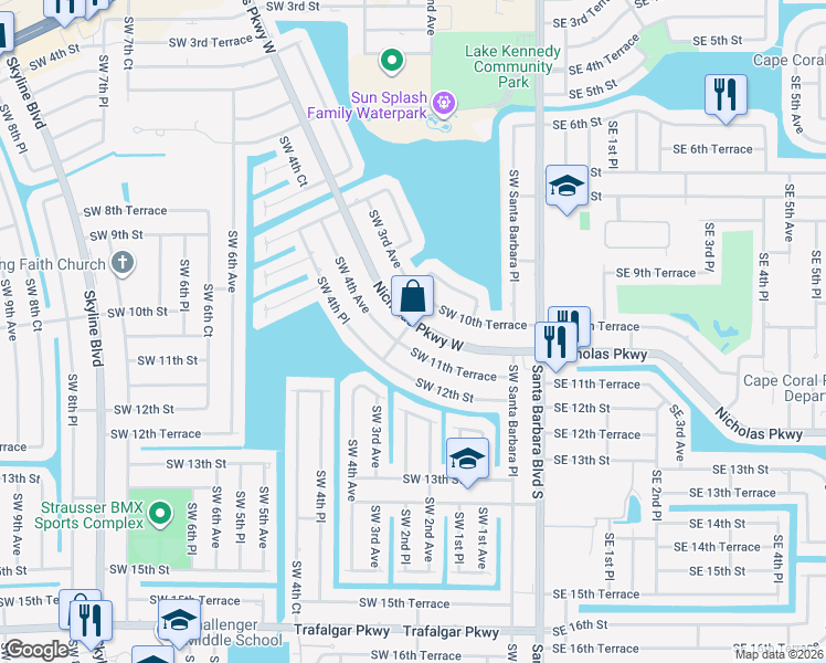 map of restaurants, bars, coffee shops, grocery stores, and more near 234 Nicholas Parkway West in Cape Coral