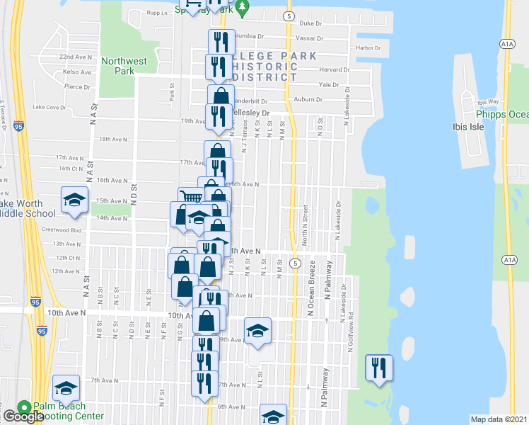 map of restaurants, bars, coffee shops, grocery stores, and more near 1423 North L Street in Lake Worth