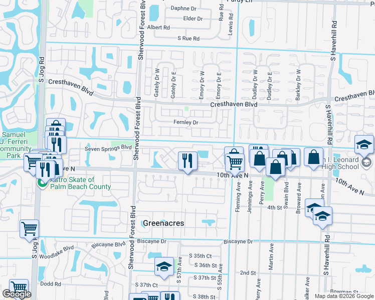map of restaurants, bars, coffee shops, grocery stores, and more near 3201 Poolside Drive in Greenacres