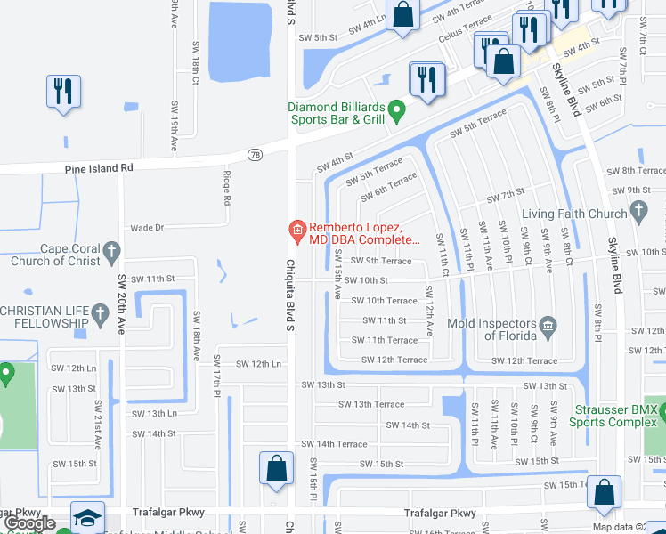 map of restaurants, bars, coffee shops, grocery stores, and more near 906 Southwest 15th Avenue in Cape Coral
