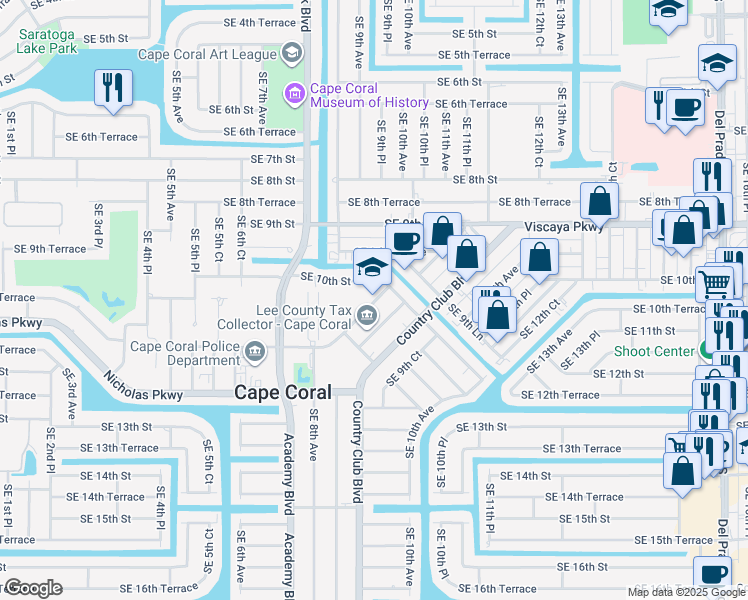 map of restaurants, bars, coffee shops, grocery stores, and more near in Cape Coral
