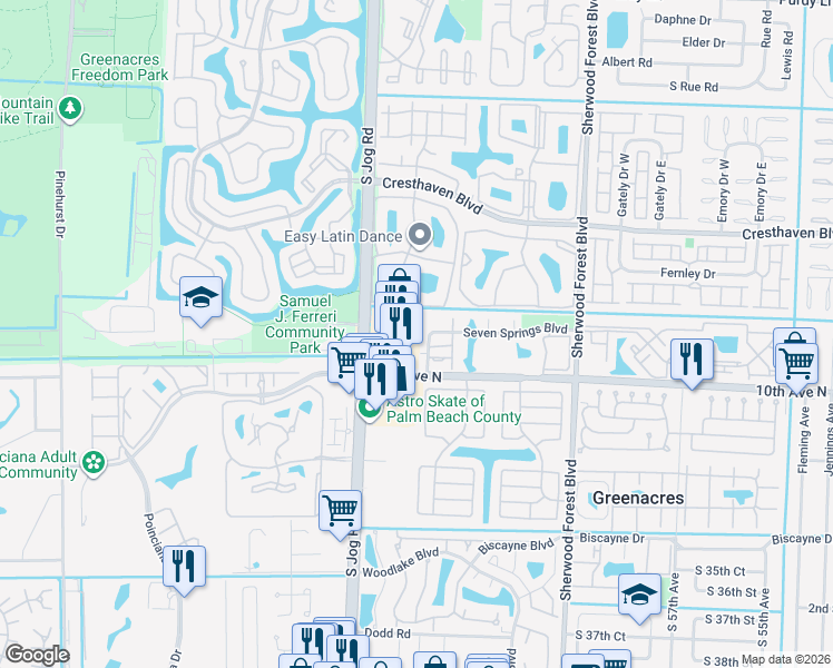 map of restaurants, bars, coffee shops, grocery stores, and more near 6363 Seven Springs Boulevard in Greenacres