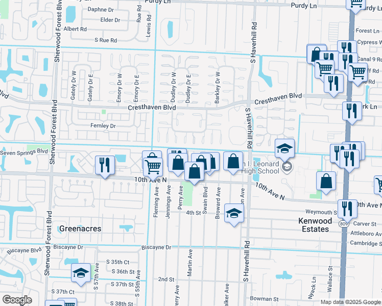 map of restaurants, bars, coffee shops, grocery stores, and more near 2966 Crosley Drive East in West Palm Beach