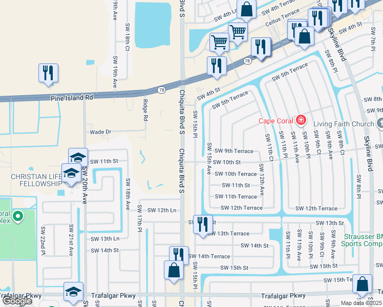 map of restaurants, bars, coffee shops, grocery stores, and more near 950 Southwest 15th Place in Cape Coral
