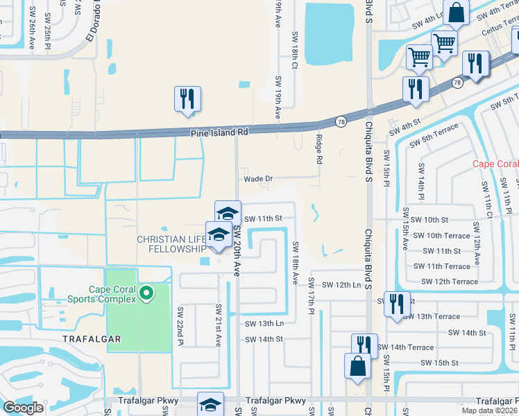 map of restaurants, bars, coffee shops, grocery stores, and more near 1901 Southwest 10th Terrace in Cape Coral