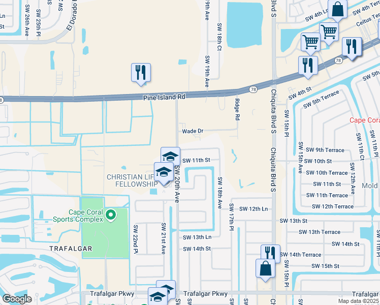map of restaurants, bars, coffee shops, grocery stores, and more near 1901 Southwest 10th Terrace in Cape Coral
