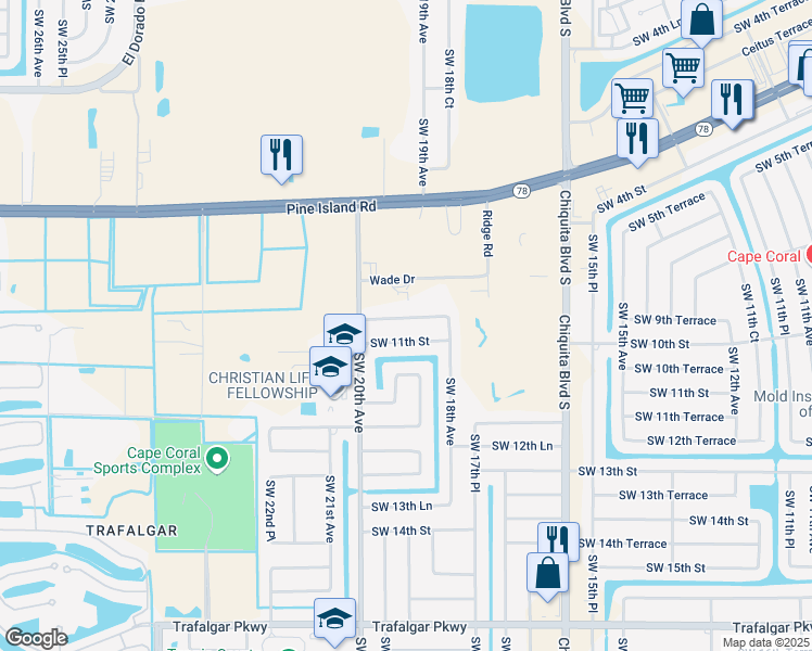 map of restaurants, bars, coffee shops, grocery stores, and more near 1828 Southwest 10th Terrace in Cape Coral