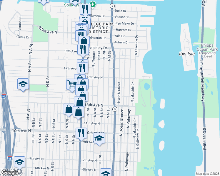 map of restaurants, bars, coffee shops, grocery stores, and more near 1428 North M Street in Lake Worth Beach