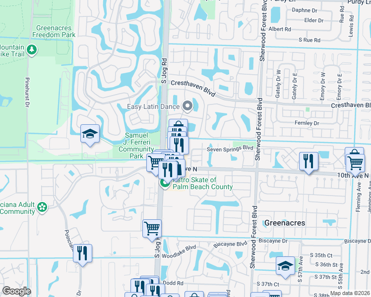map of restaurants, bars, coffee shops, grocery stores, and more near 6363 Seven Springs Boulevard in Greenacres