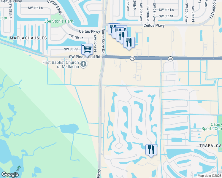 map of restaurants, bars, coffee shops, grocery stores, and more near 11974 Royal Tee Circle in Cape Coral