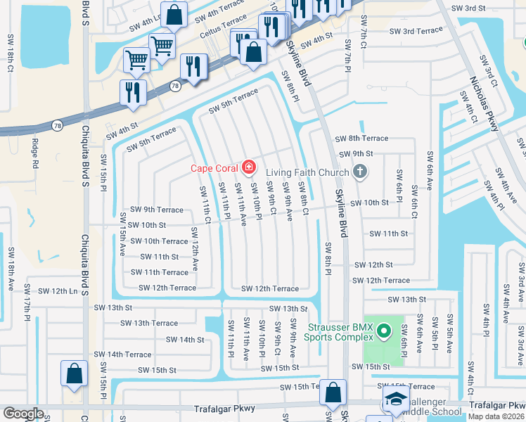 map of restaurants, bars, coffee shops, grocery stores, and more near 913 Southwest 10th Place in Cape Coral