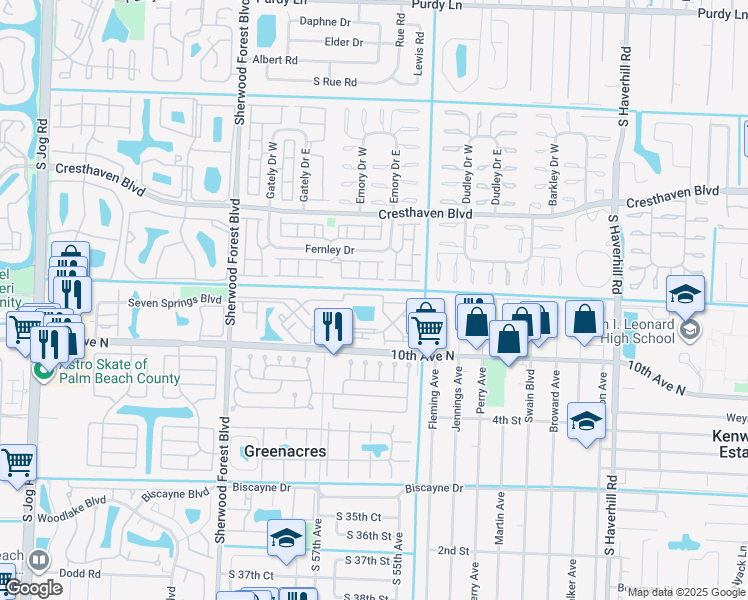 map of restaurants, bars, coffee shops, grocery stores, and more near 2605 Canalside Drive in Greenacres