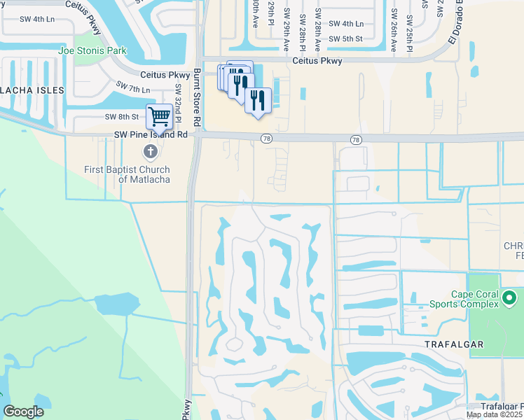 map of restaurants, bars, coffee shops, grocery stores, and more near 11246 Royal Tee Circle in Cape Coral