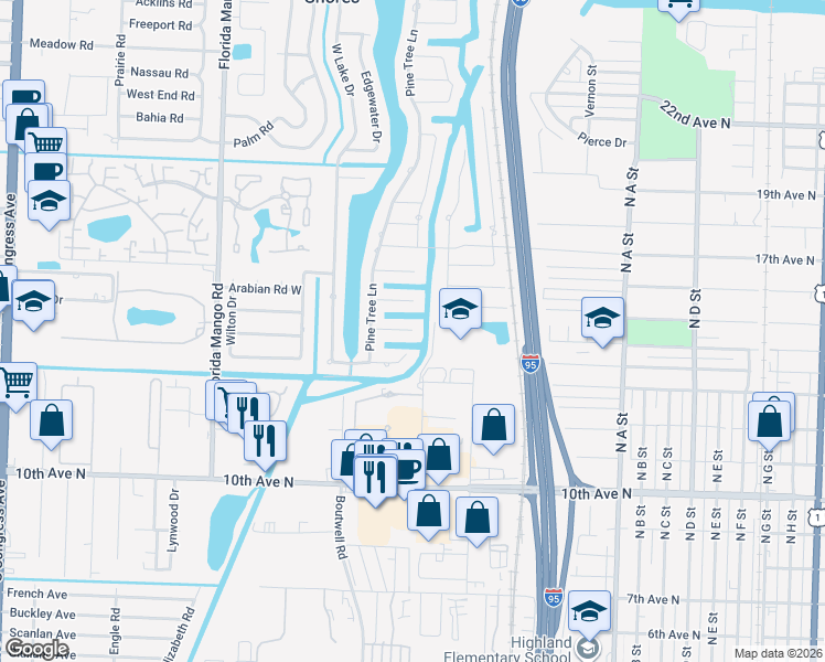 map of restaurants, bars, coffee shops, grocery stores, and more near 1403 Indian Road East in Lake Clarke Shores