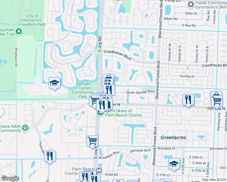 map of restaurants, bars, coffee shops, grocery stores, and more near 276 Bayview Road in Greenacres