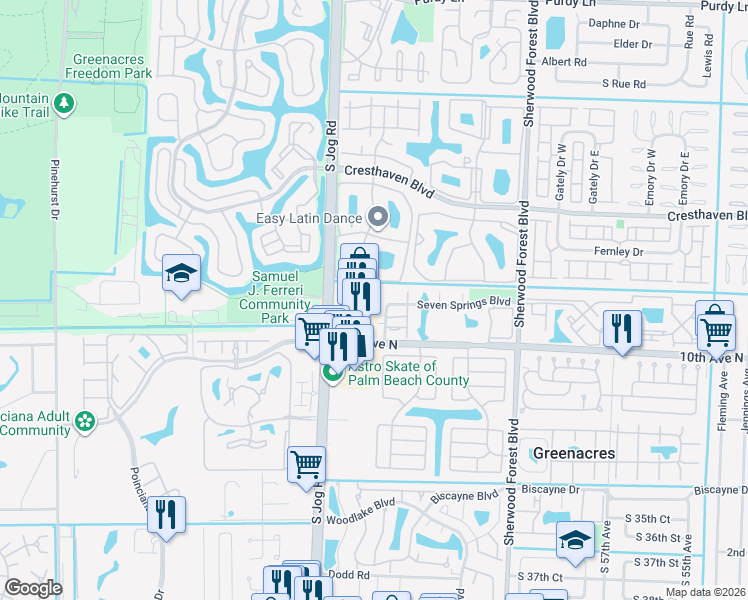 map of restaurants, bars, coffee shops, grocery stores, and more near 6351 Seven Springs Boulevard in Greenacres