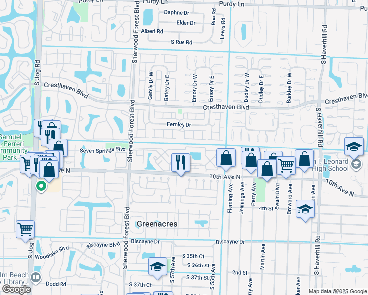 map of restaurants, bars, coffee shops, grocery stores, and more near 4701 Pier Drive in Greenacres