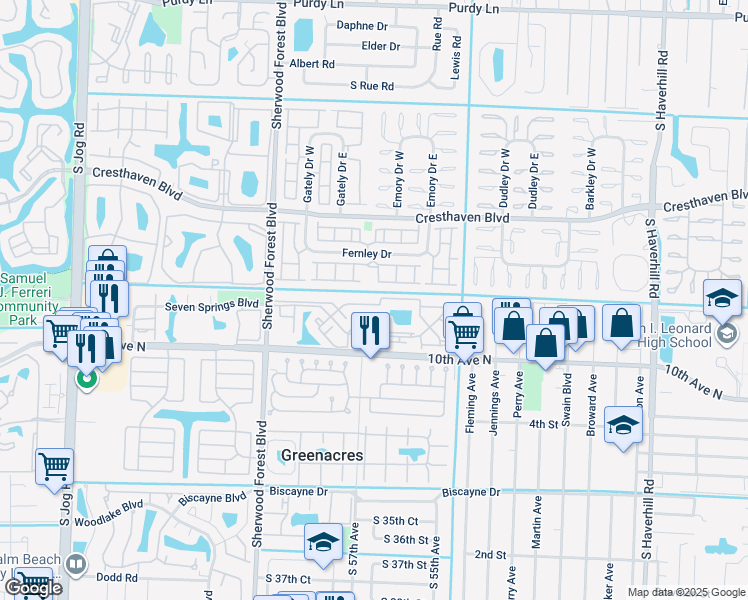 map of restaurants, bars, coffee shops, grocery stores, and more near 4701 Pier Drive in Greenacres
