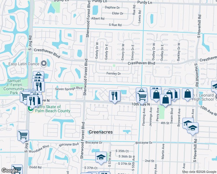 map of restaurants, bars, coffee shops, grocery stores, and more near 5104 Pier Drive in Greenacres
