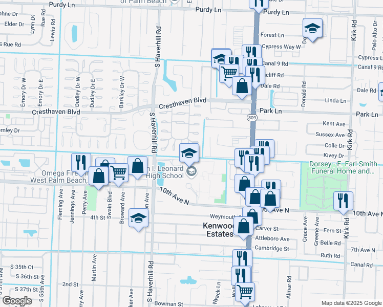 map of restaurants, bars, coffee shops, grocery stores, and more near 2936 Ashley Dr W in West Palm Beach