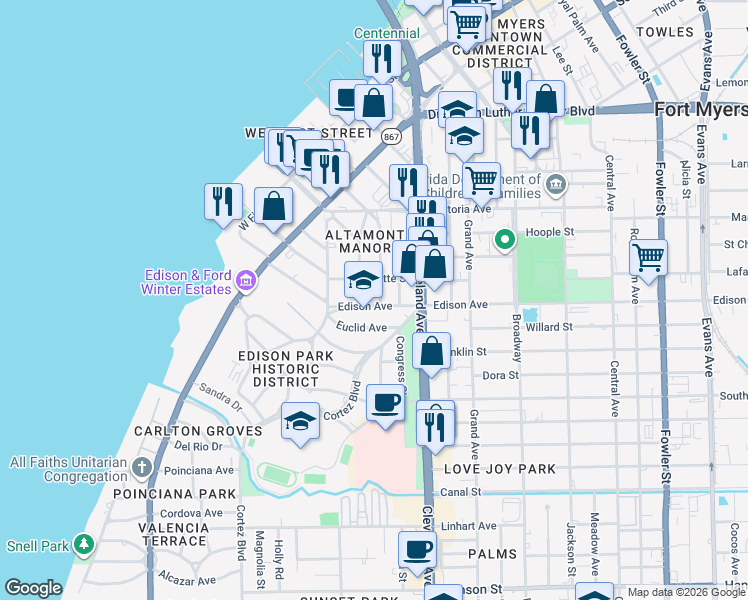 map of restaurants, bars, coffee shops, grocery stores, and more near 2316 Clifford Street in Fort Myers