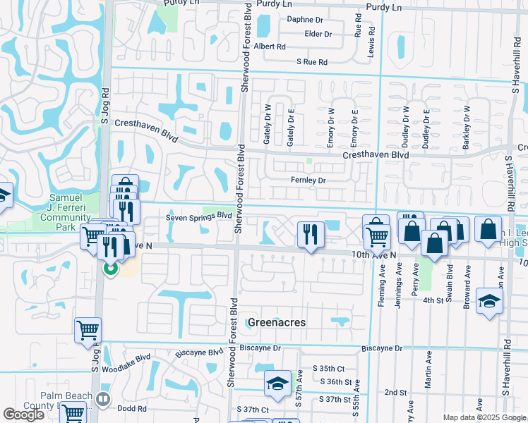 map of restaurants, bars, coffee shops, grocery stores, and more near 5901 Channel Drive in Greenacres