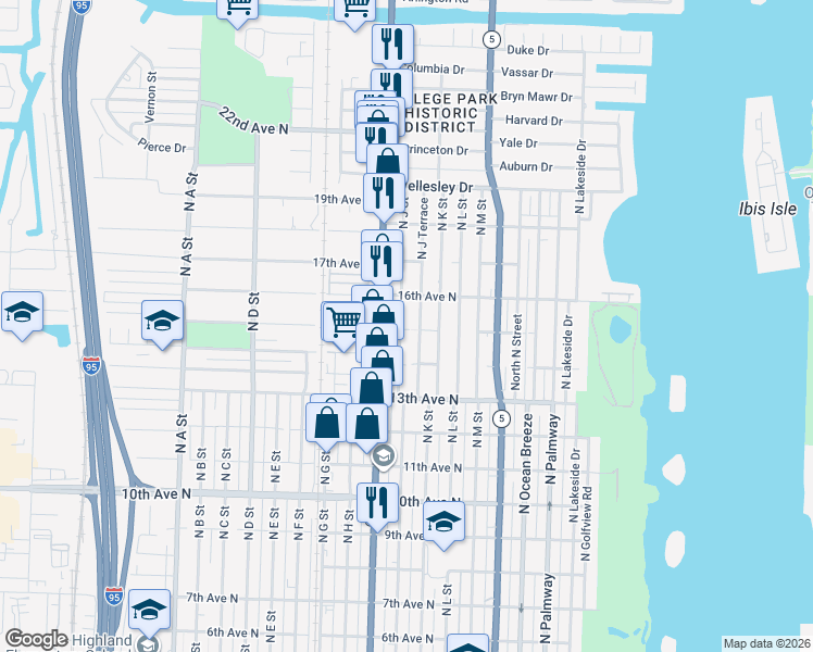 map of restaurants, bars, coffee shops, grocery stores, and more near 1514 North J Terrace in Lake Worth