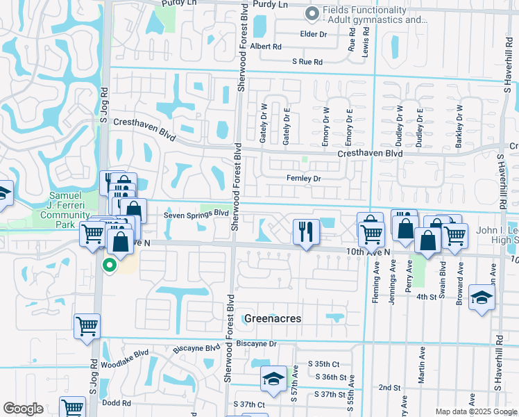 map of restaurants, bars, coffee shops, grocery stores, and more near 5901 Channel Drive in Greenacres