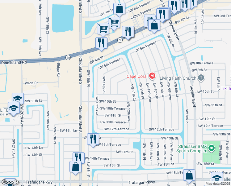 map of restaurants, bars, coffee shops, grocery stores, and more near 820 Southwest 13th Avenue in Cape Coral