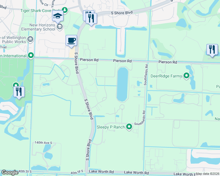 map of restaurants, bars, coffee shops, grocery stores, and more near 3220 Santa Barbara Drive in Wellington