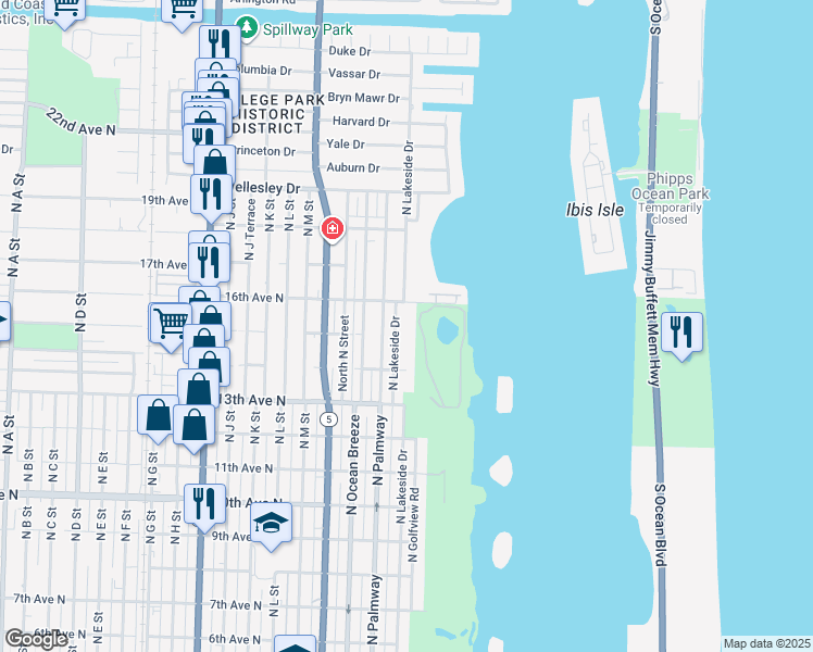 map of restaurants, bars, coffee shops, grocery stores, and more near 1512 N Lakeside Dr in Lake Worth