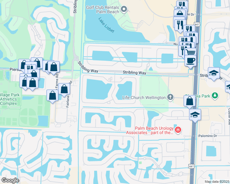 map of restaurants, bars, coffee shops, grocery stores, and more near 3440 Oakmont Estates Boulevard in Wellington