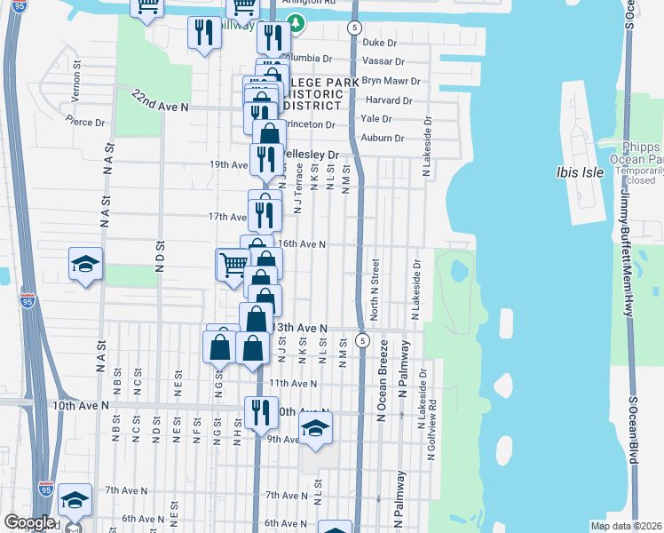 map of restaurants, bars, coffee shops, grocery stores, and more near 1512 North L Street in Lake Worth