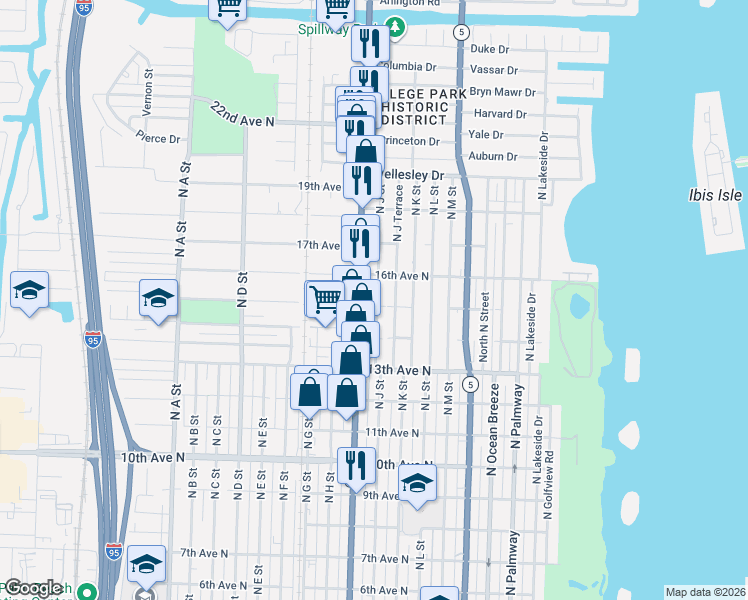 map of restaurants, bars, coffee shops, grocery stores, and more near 1516 North Dixie Highway in Lake Worth
