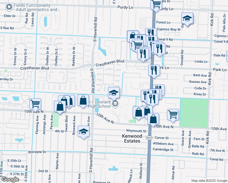 map of restaurants, bars, coffee shops, grocery stores, and more near 2936 Ashley Drive East in West Palm Beach