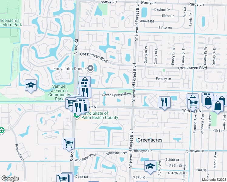 map of restaurants, bars, coffee shops, grocery stores, and more near 6109 Seven Springs Boulevard in Greenacres
