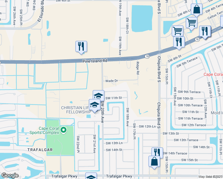 map of restaurants, bars, coffee shops, grocery stores, and more near 1901 Southwest 10th Terrace in Cape Coral